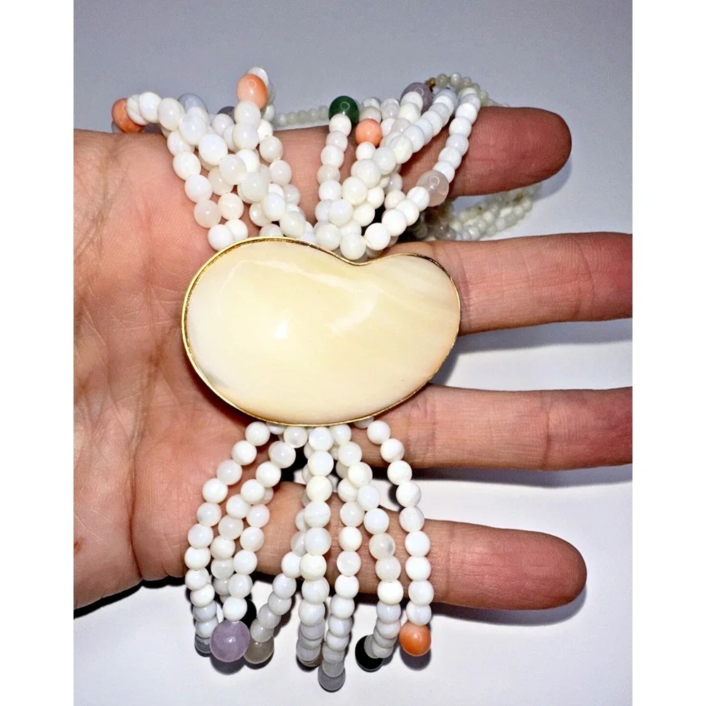 Quartz‎ Jade Shell Necklace Purple Green Beaded Multi strand Pendant Tassel